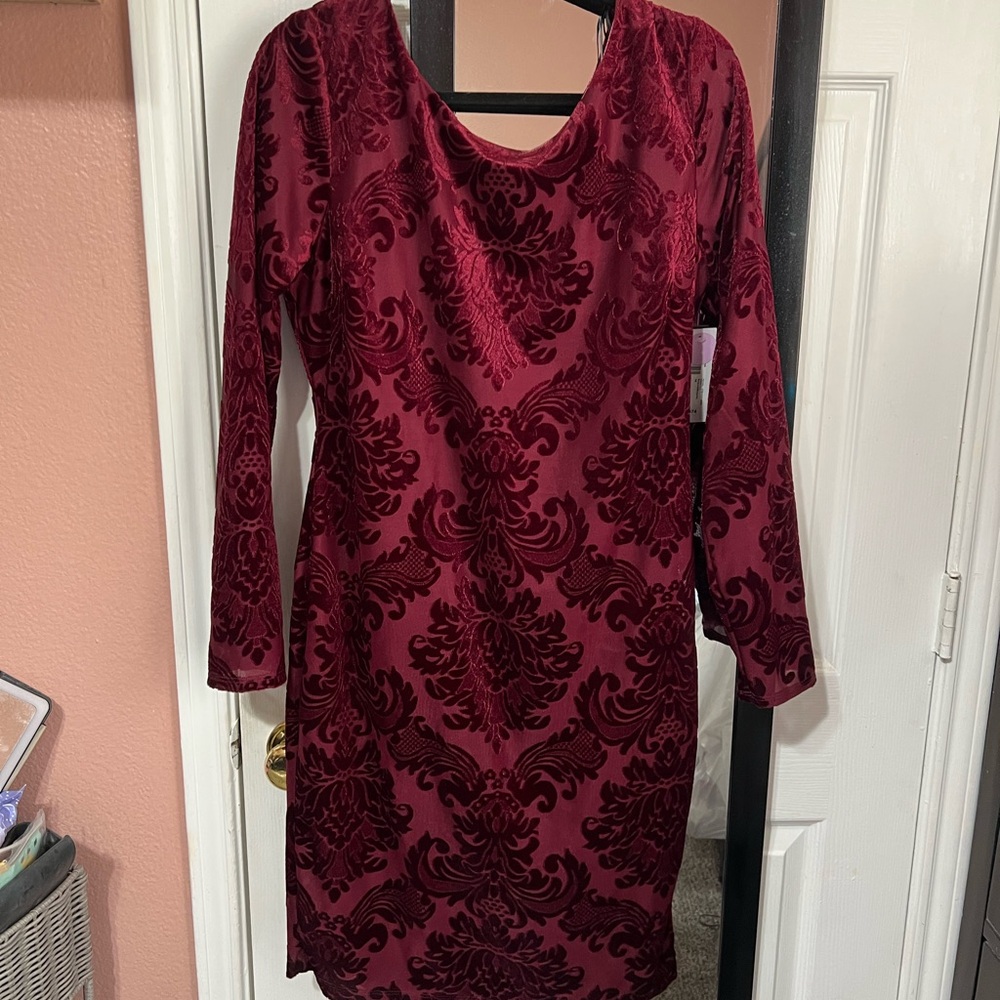 JCPenney Rich Maroon Patterned Long Sleeve Dress